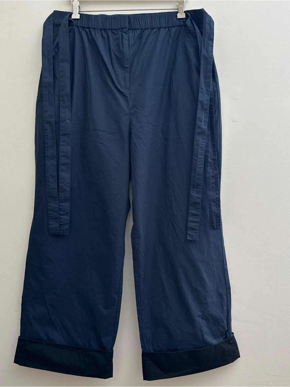 Ulla Johnson Women’s Wide Leg Pants Size 16 Cotton Waist Tie Navy Black Cuffs
